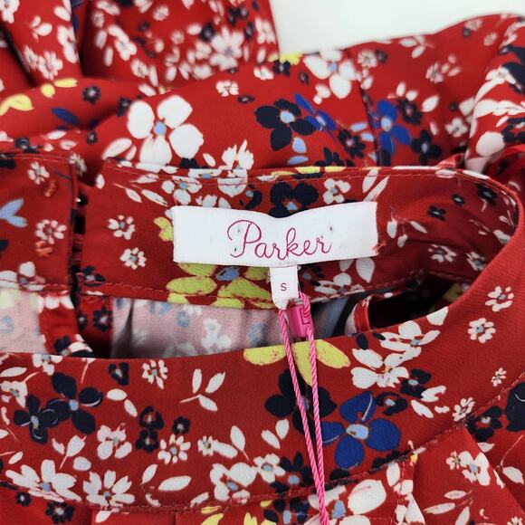 Parker Red Scilla Floral Print Cold Shoulder Halter Neck Dress Size Small New - Picture 2 of 5